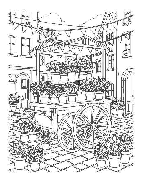 Line drawing of a wooden flower cart full of tulips, roses and lilies in a cobbled square