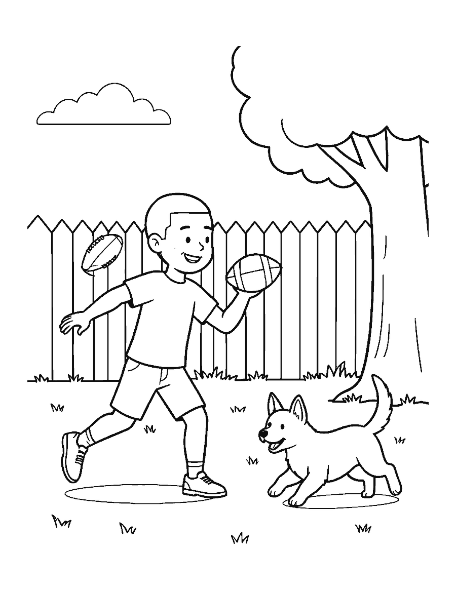 Line drawing of a boy throwing a football in a backyard as his dog runs after it