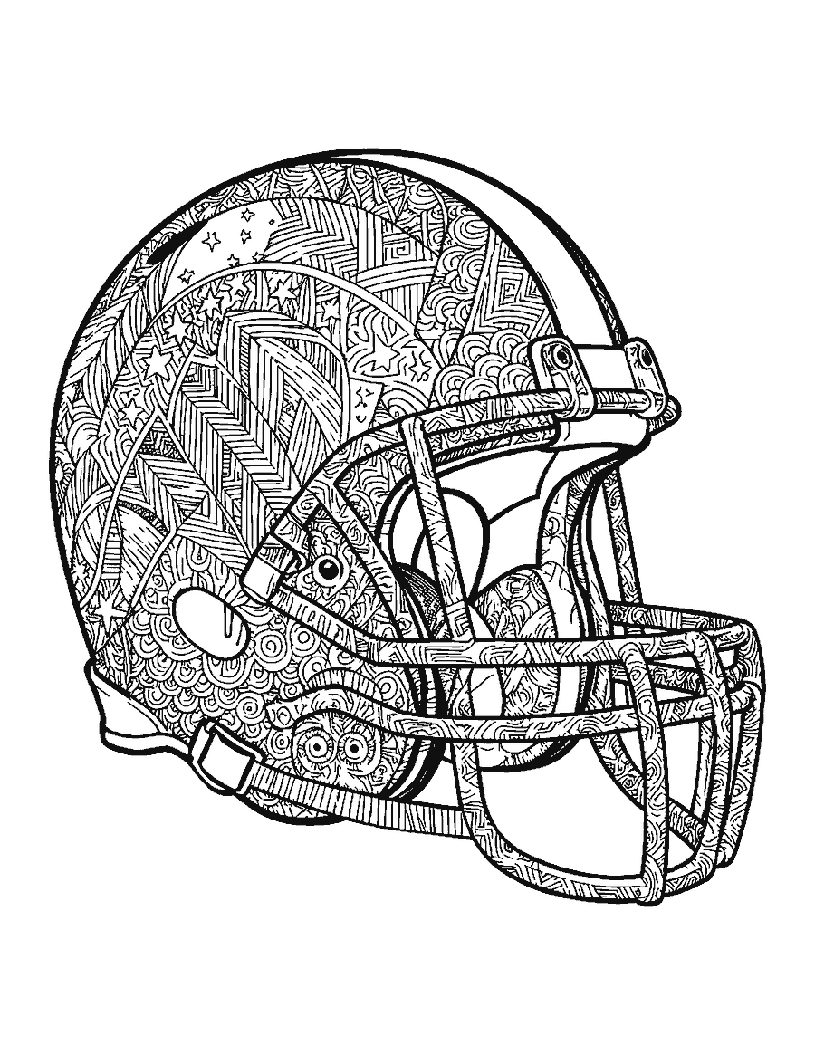 Line drawing of a football helmet filled with intricate doodle patterns