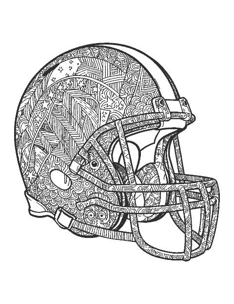 Line drawing of a football helmet filled with intricate doodle patterns