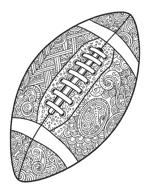Line drawing of a big football filled with doodle patterns of chevrons and paisley