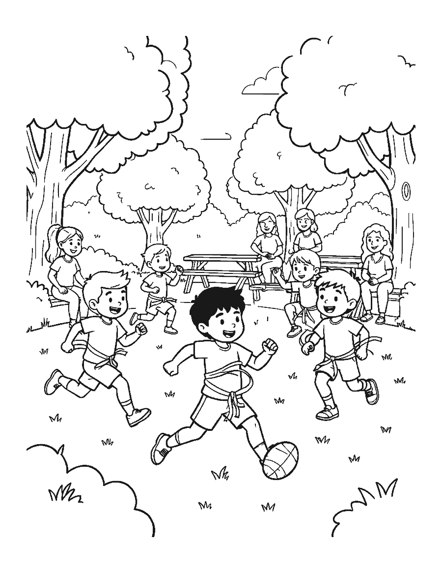 Line drawing of kids playing flag football in a park while parents watch