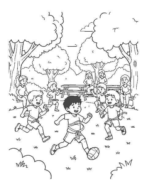 Line drawing of kids playing flag football in a park while parents watch