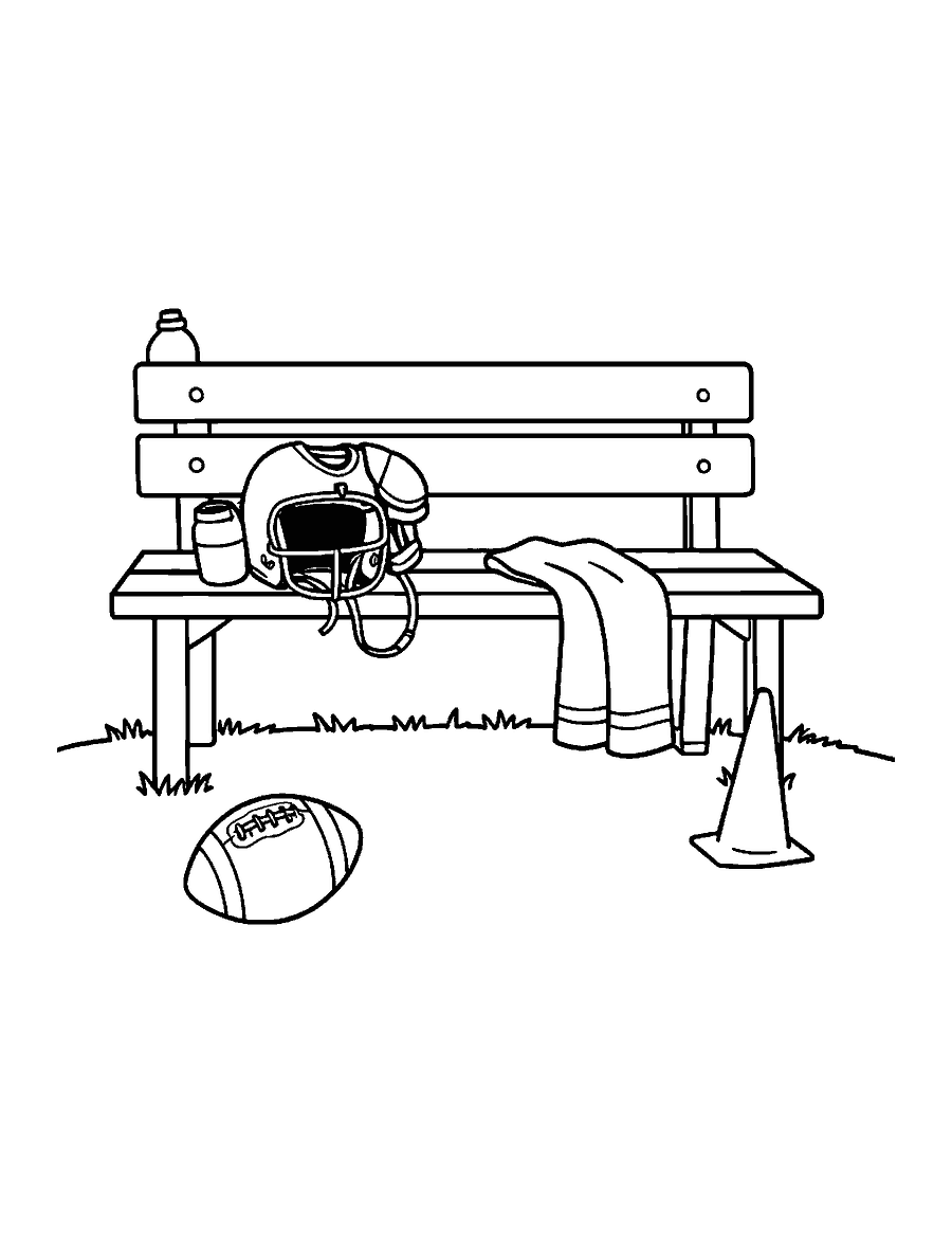 Line drawing of a bench with a football helmet, shoulder pads, a water bottle and towel