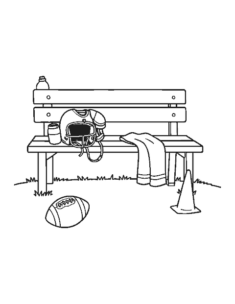 Line drawing of a bench with a football helmet, shoulder pads, a water bottle and towel