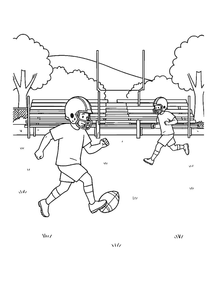 Line drawing of a football player kicking off from a tee on a grass field with goal posts