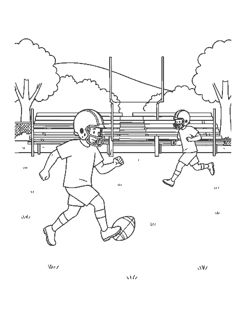 Line drawing of a football player kicking off from a tee on a grass field with goal posts