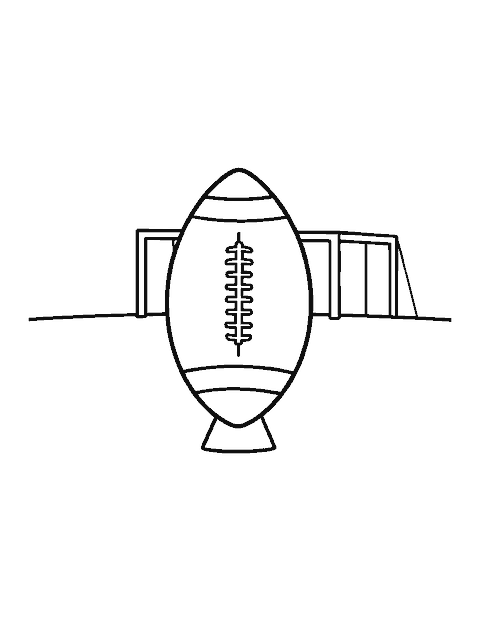 Line drawing of a football standing on a kicking tee with a goal post behind