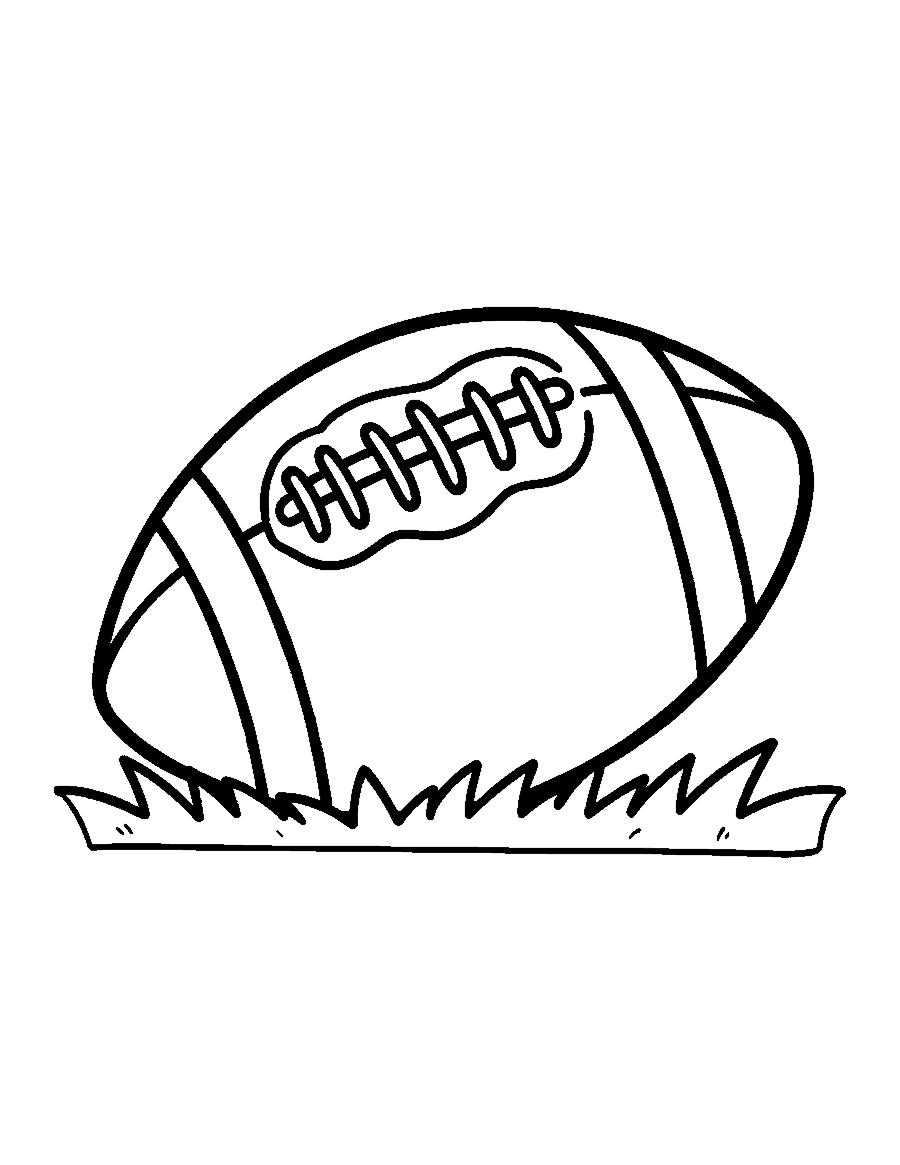 Line drawing of a football with big stitched laces lying on the grass