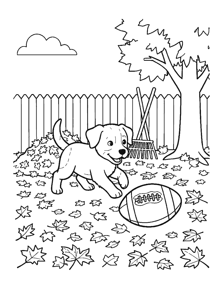 Line drawing of a puppy chasing a football through fallen autumn leaves in a backyard