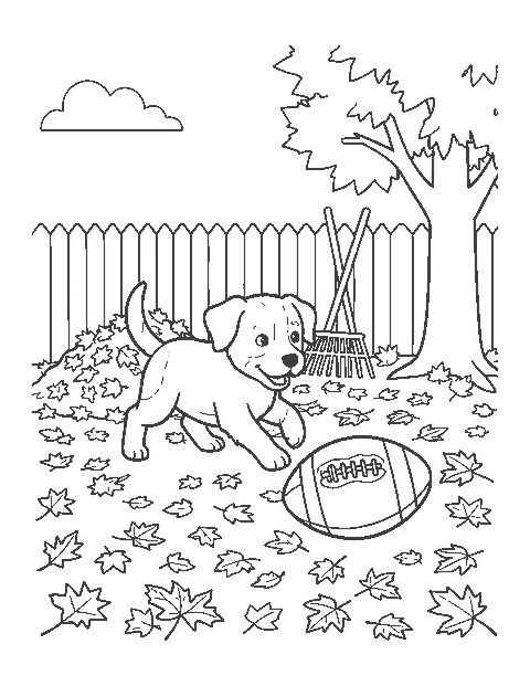 Line drawing of a puppy chasing a football through fallen autumn leaves in a backyard