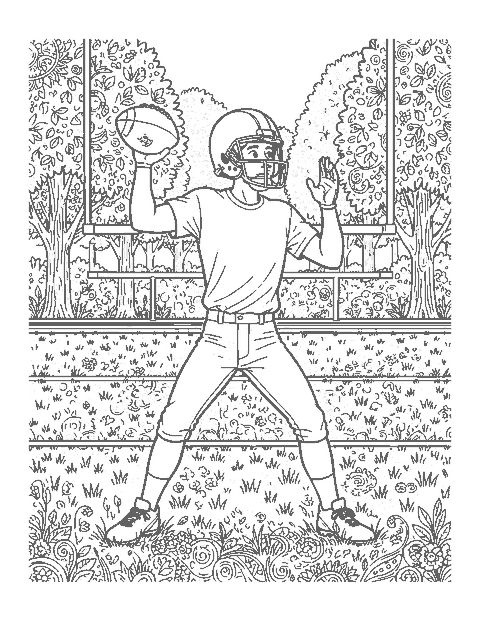 Line drawing of a quarterback in a helmet winding up to throw a football on a grass field