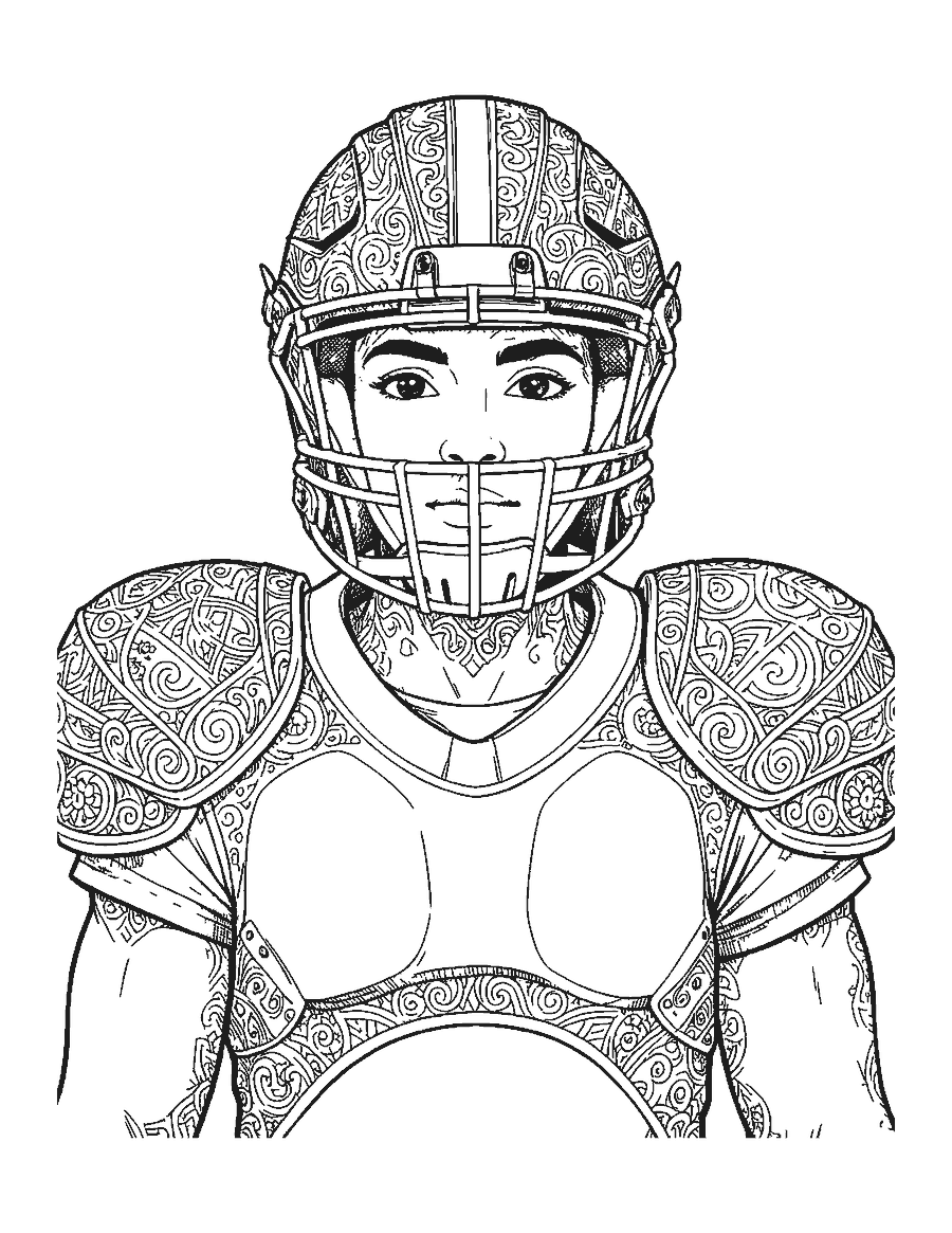 Line drawing of a realistic football player portrait in a helmet with a cage face mask