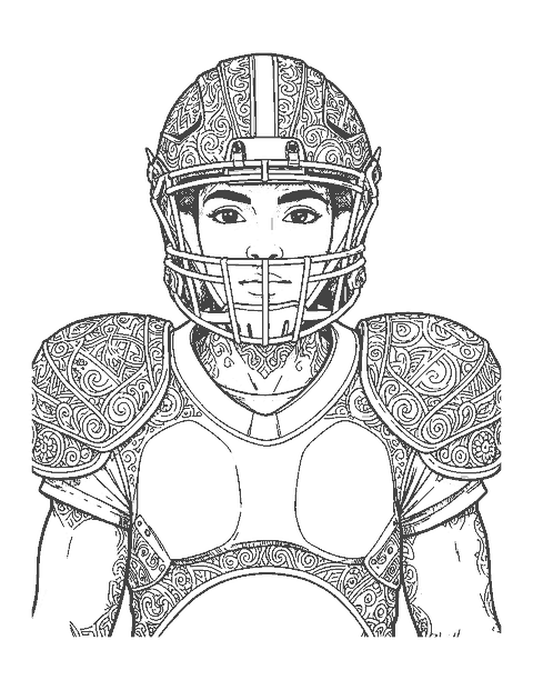 Line drawing of a realistic football player portrait in a helmet with a cage face mask