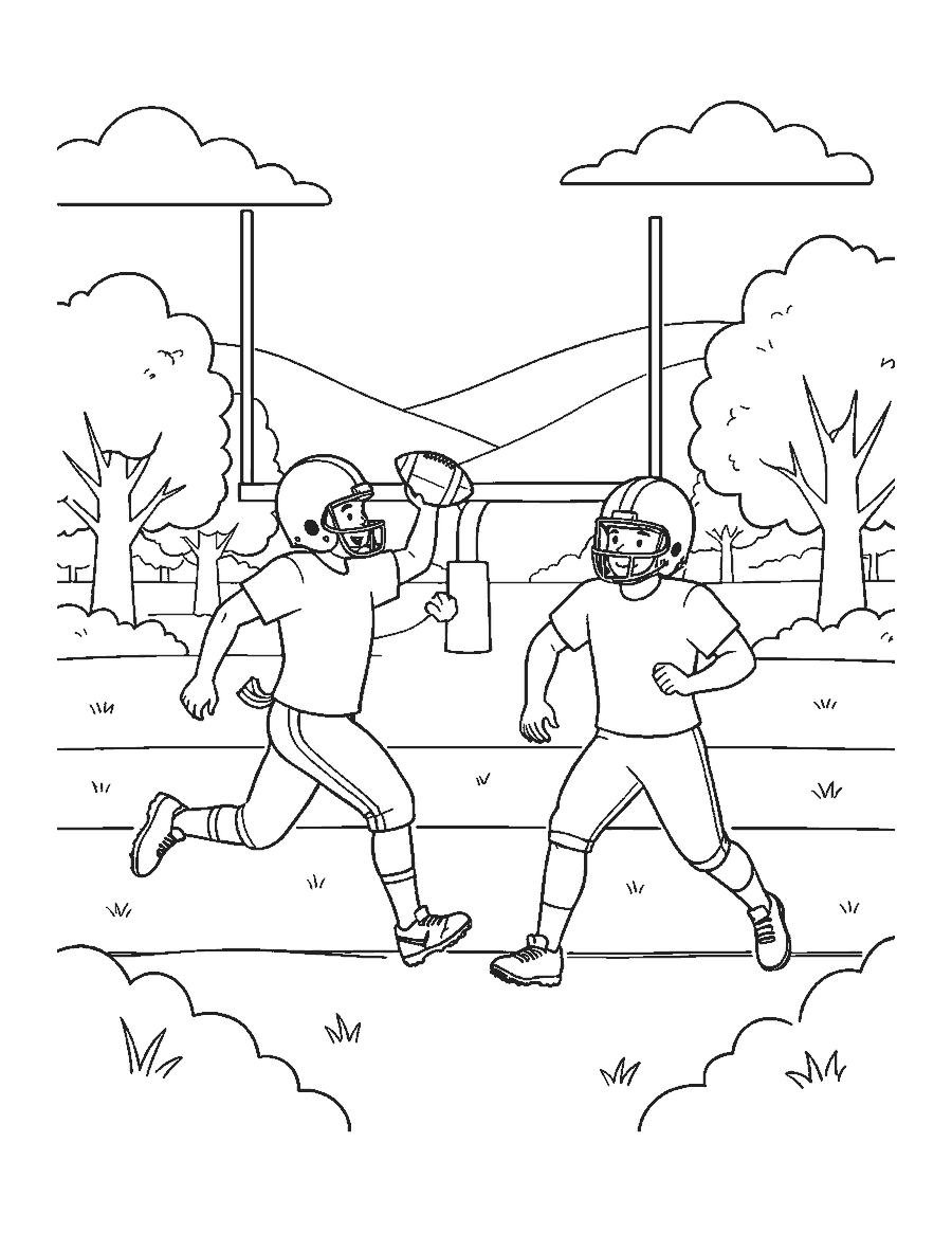 Line drawing of two football players sprinting as one reaches for a long pass