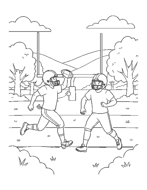 Line drawing of two football players sprinting as one reaches for a long pass