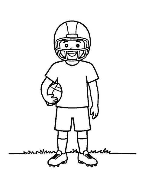 Line drawing of a young football player in a helmet holding a football under one arm