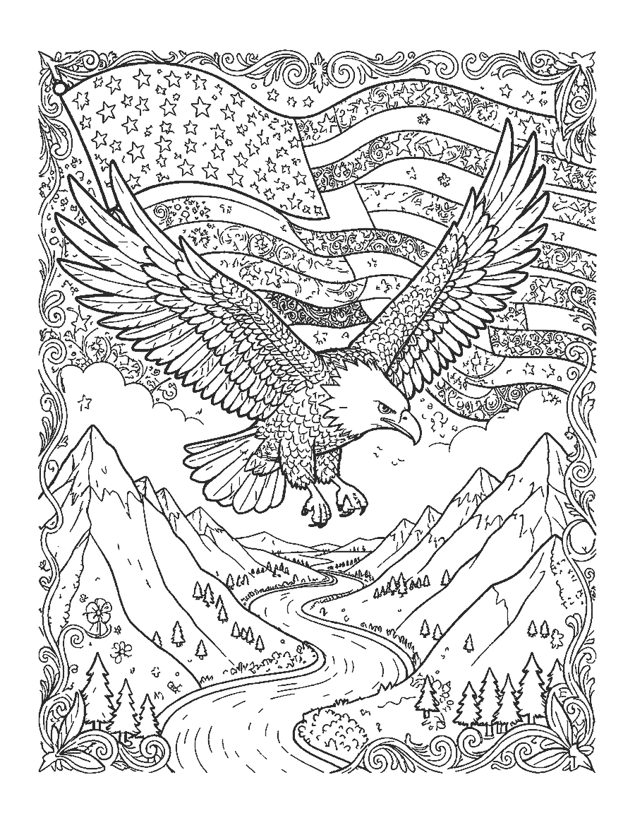 Line drawing of a bald eagle flying past a waving flag over mountains