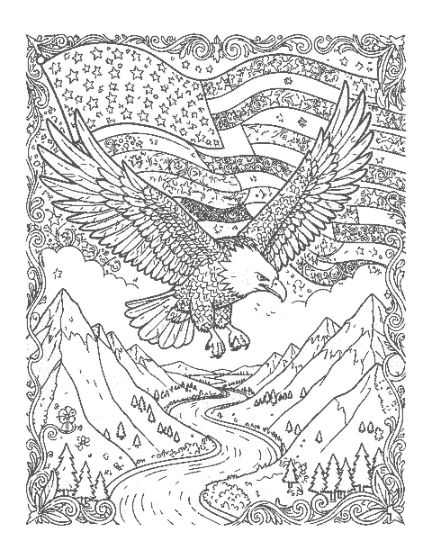 Line drawing of a bald eagle flying past a waving flag over mountains