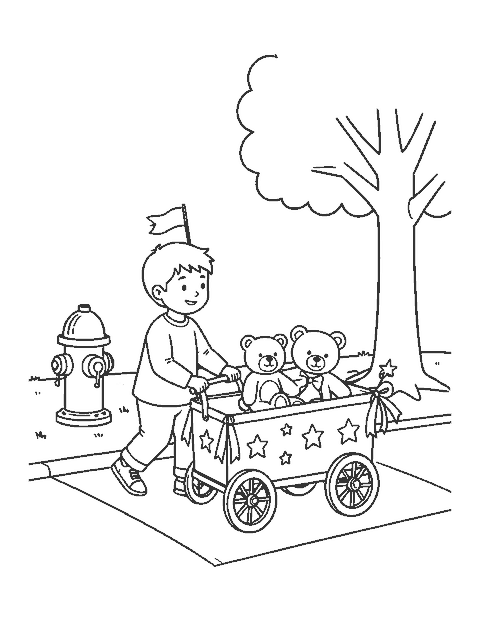 Line drawing of a child pulling a star-decorated wagon with a teddy bear