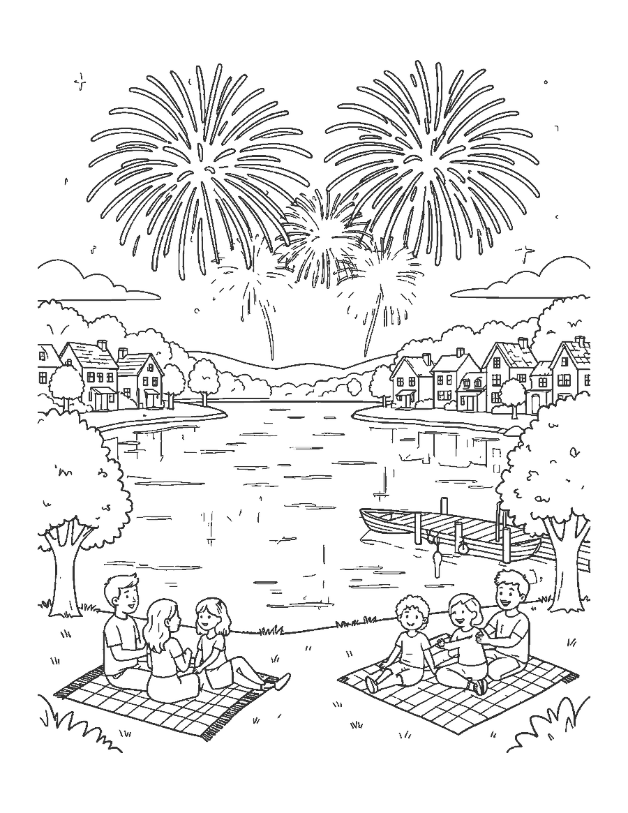 Line drawing of fireworks over a lake with families watching from the shore