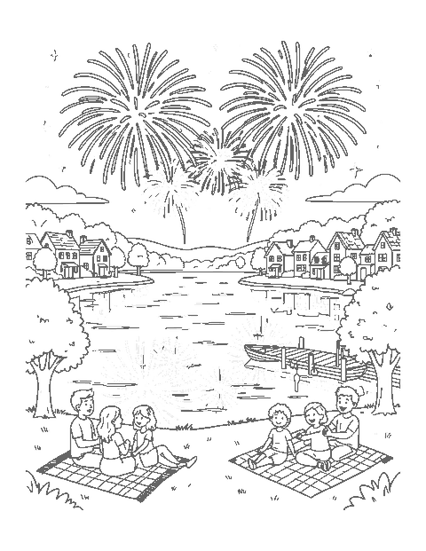Line drawing of fireworks over a lake with families watching from the shore