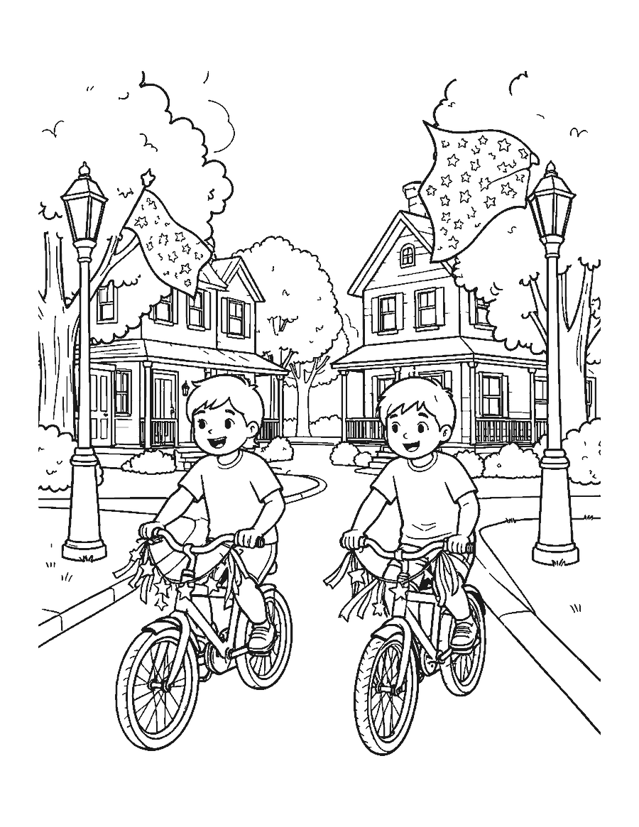 Line drawing of two kids riding bikes decorated with stars and streamers down a flag-lined street