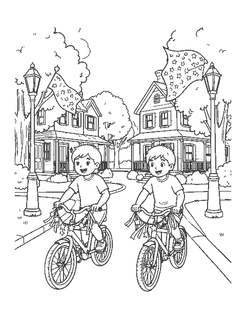 Line drawing of two kids riding bikes decorated with stars and streamers down a flag-lined street