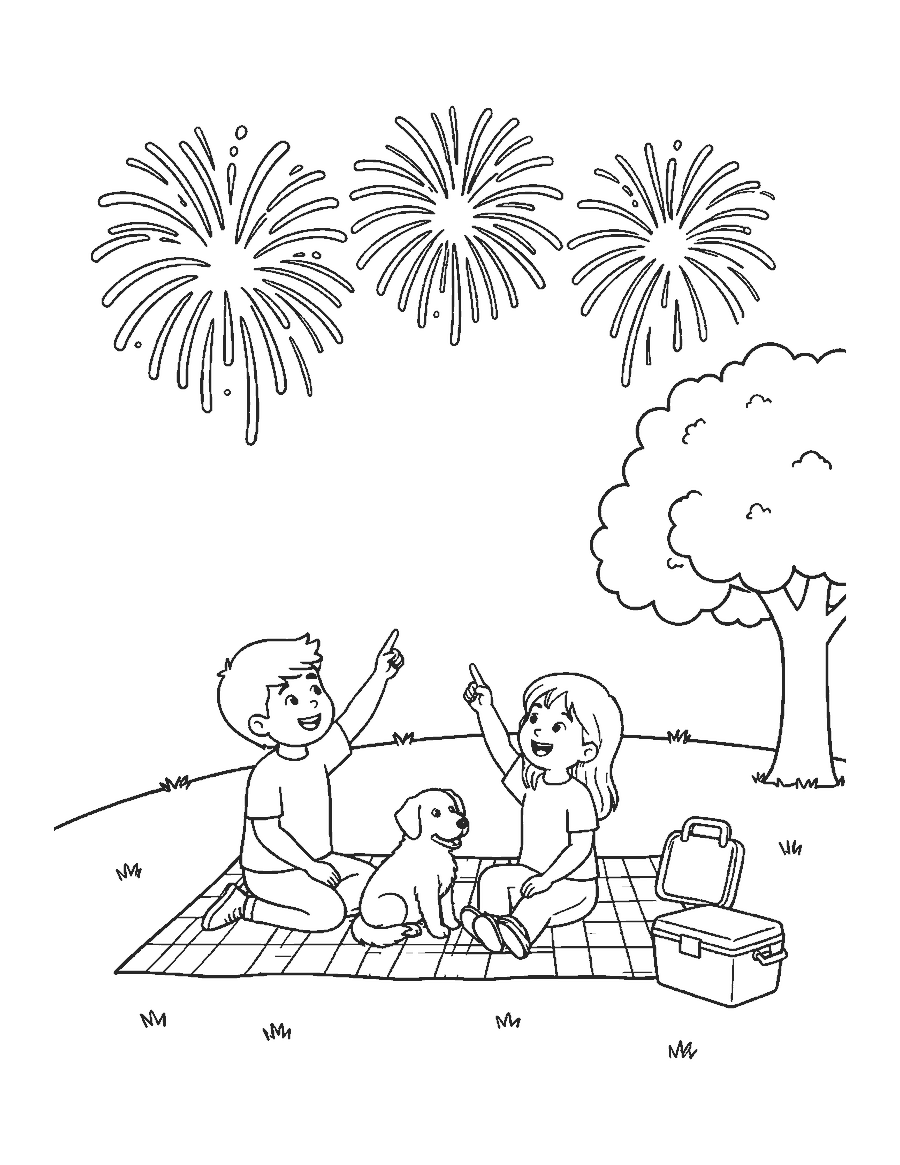 Line drawing of two kids and a dog on a blanket watching fireworks