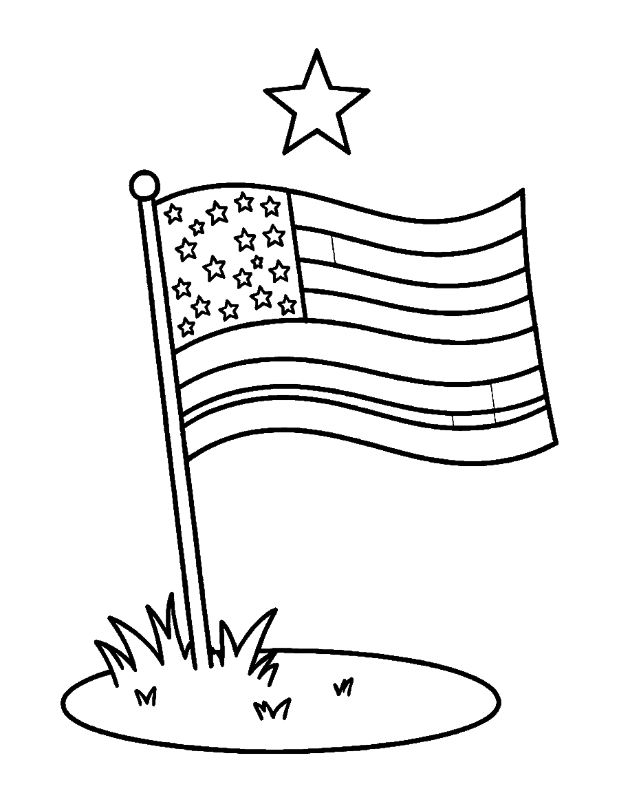 Line drawing of a stars and stripes flag waving on a short pole in grass