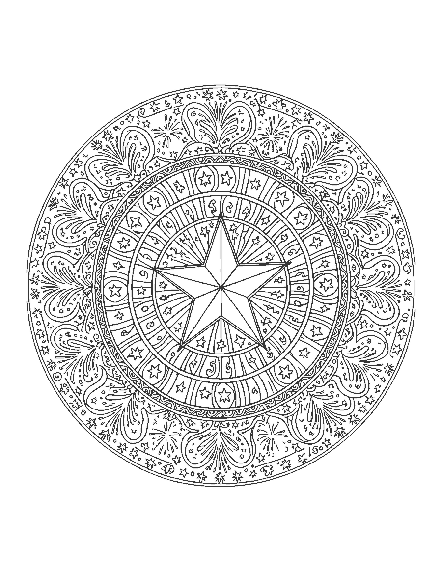 Line drawing of a round mandala of stars, stripes and firework bursts