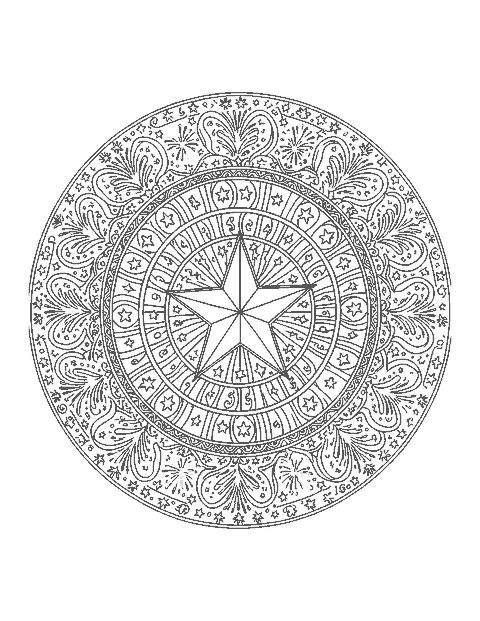 Line drawing of a round mandala of stars, stripes and firework bursts