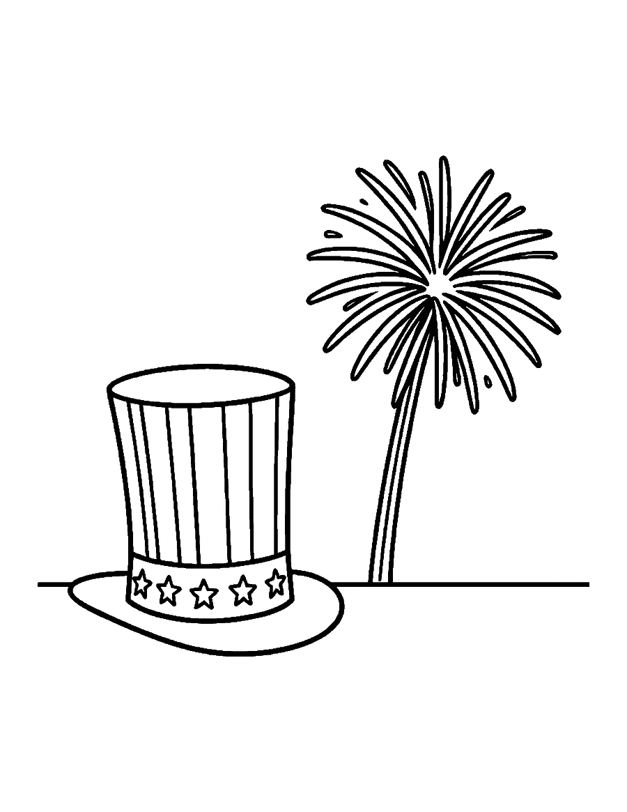 Line drawing of a striped top hat with stars next to a firework burst
