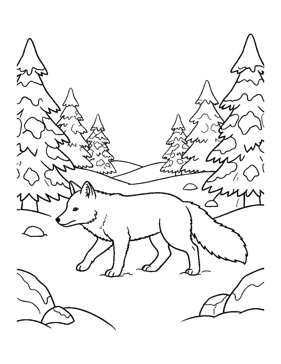 Line drawing of an Arctic fox trotting through snow among spruce trees, rocks and an icy stream