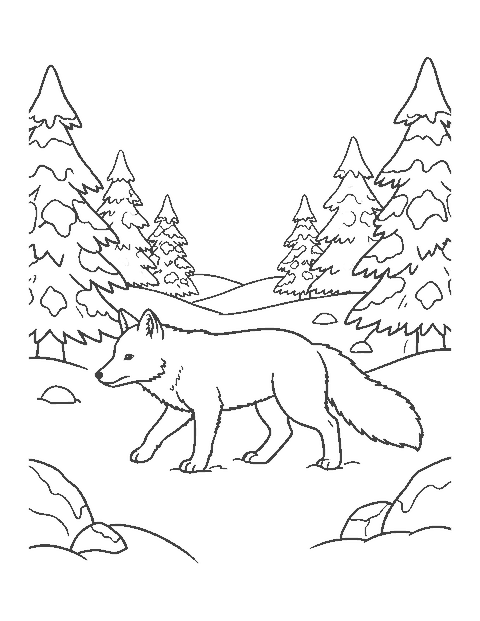 Line drawing of an Arctic fox trotting through snow among spruce trees, rocks and an icy stream