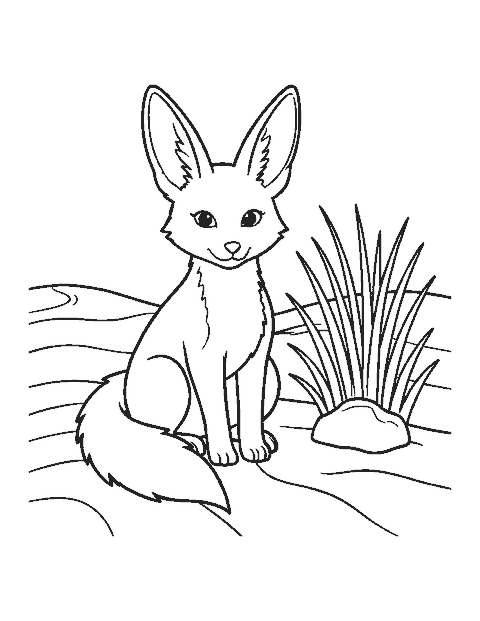 Line drawing of a fennec fox with huge ears sitting on sand dunes beside dry grass
