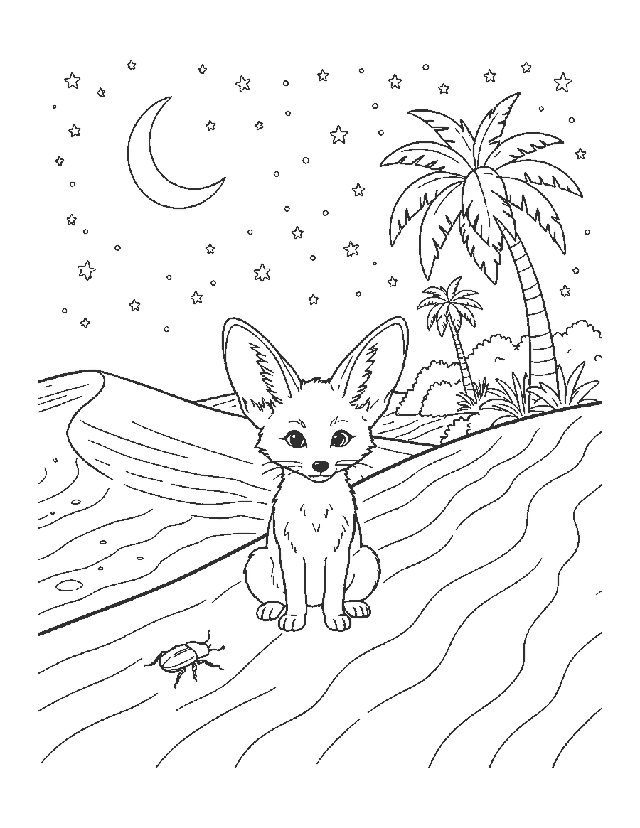 Line drawing of a big-eared fennec fox on a sand dune at night near a palm oasis