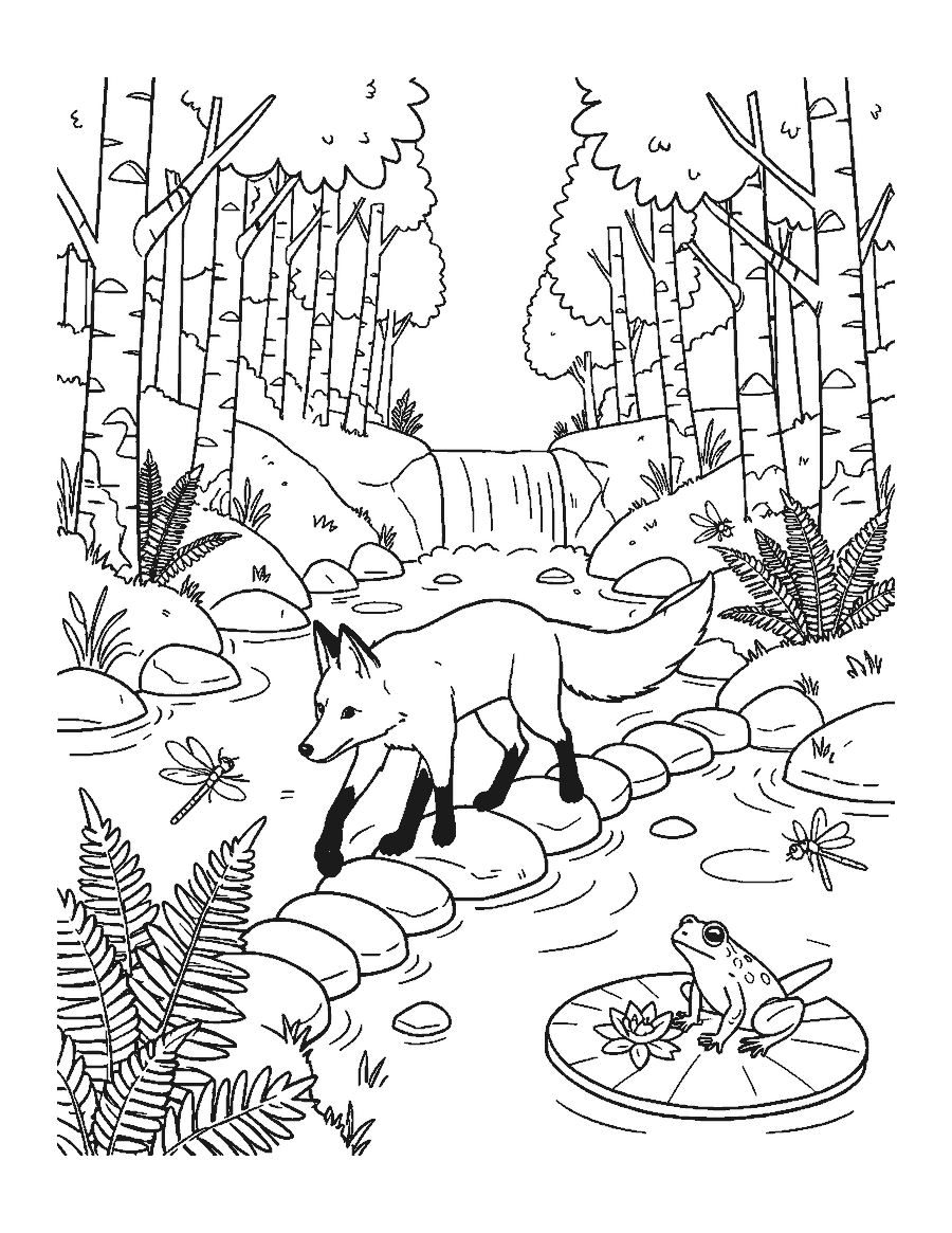 Line drawing of a fox stepping across stones in a forest stream near a small waterfall
