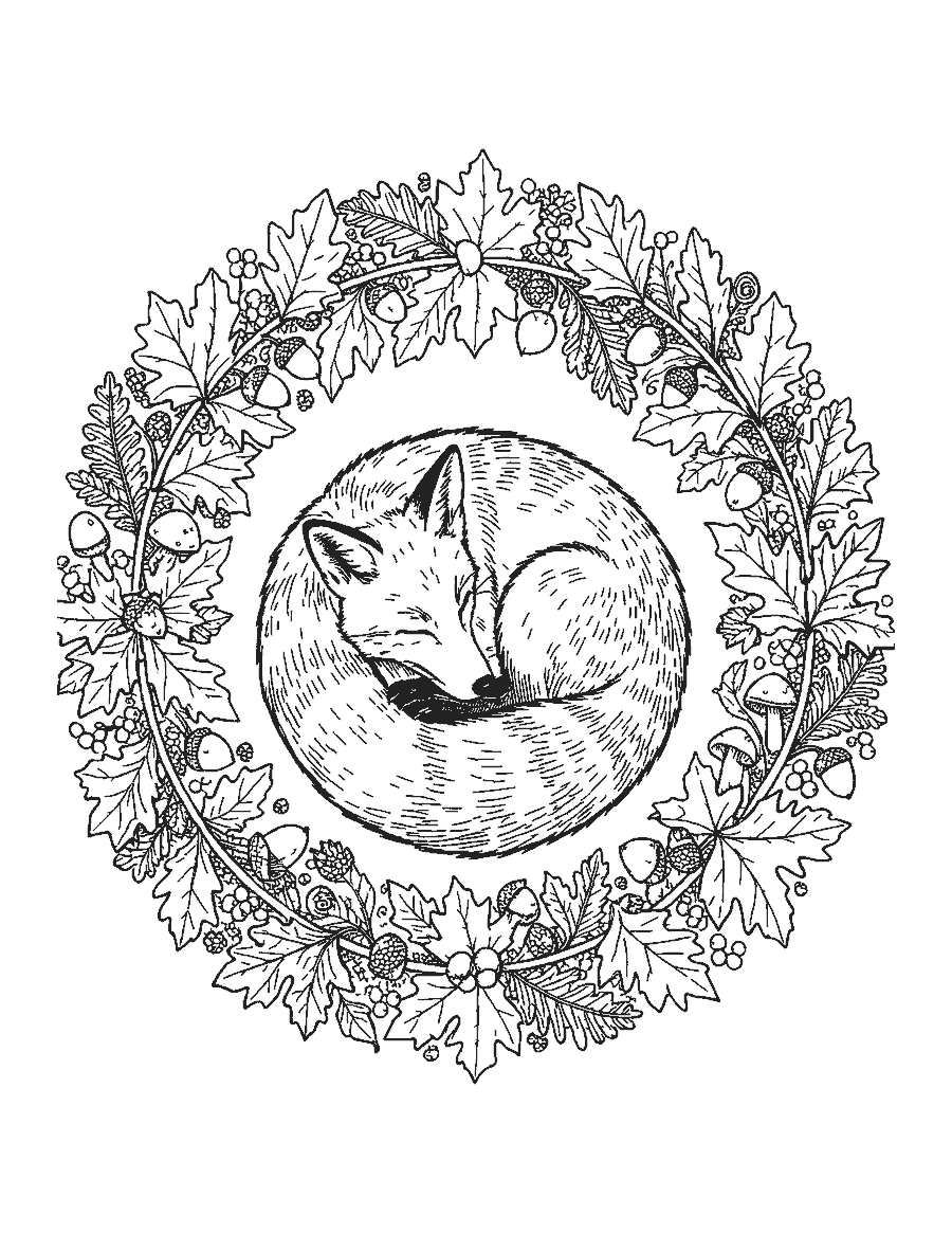 Line drawing of a sleeping fox curled inside a detailed wreath of autumn leaves and acorns