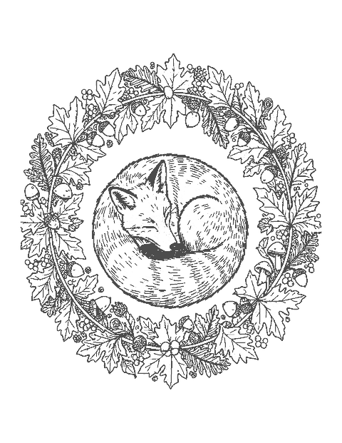 Line drawing of a sleeping fox curled inside a detailed wreath of autumn leaves and acorns