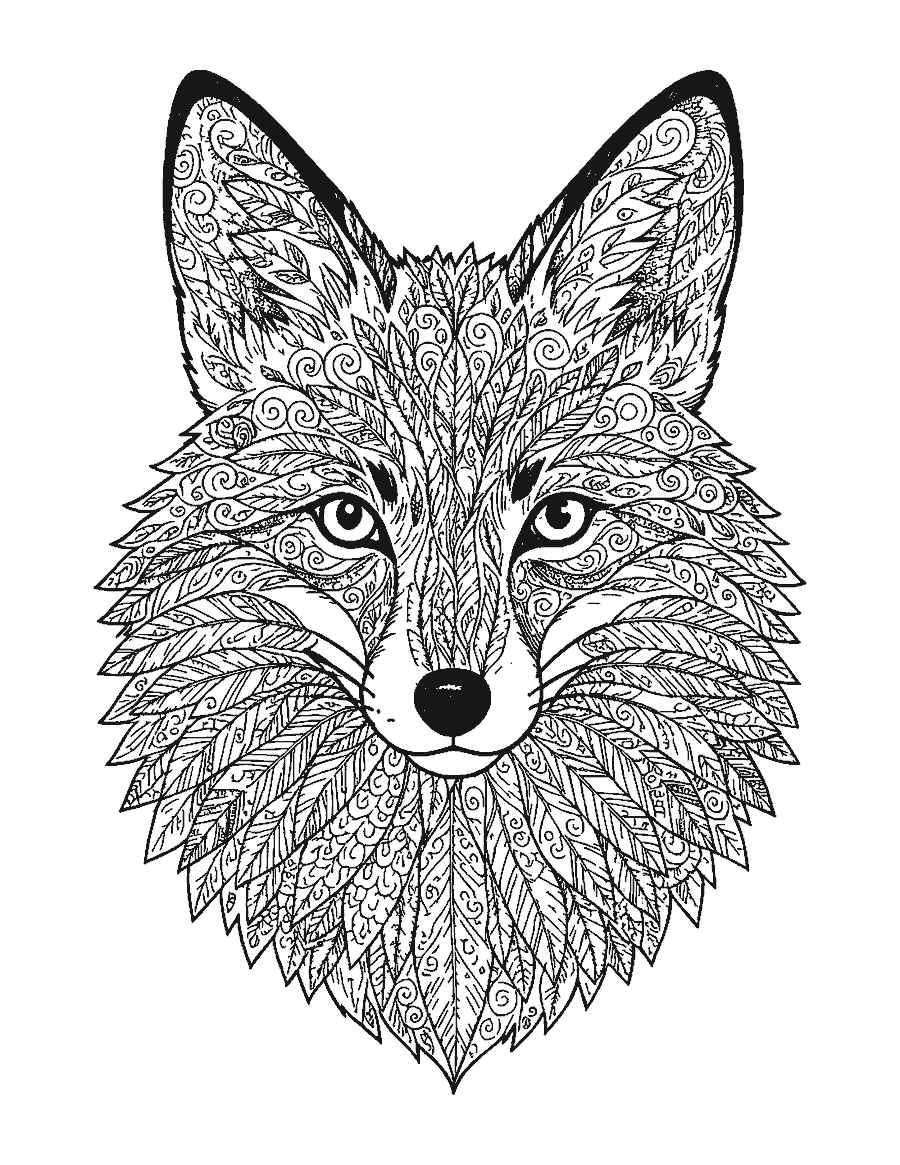 Line drawing of a fox's head with its fur filled with doodle patterns