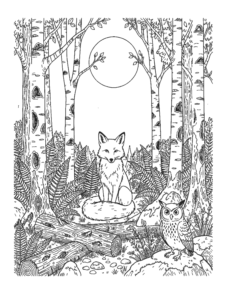 Line drawing of a fox sitting in a detailed birch forest under a full moon with an owl