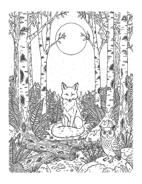Line drawing of a fox sitting in a detailed birch forest under a full moon with an owl