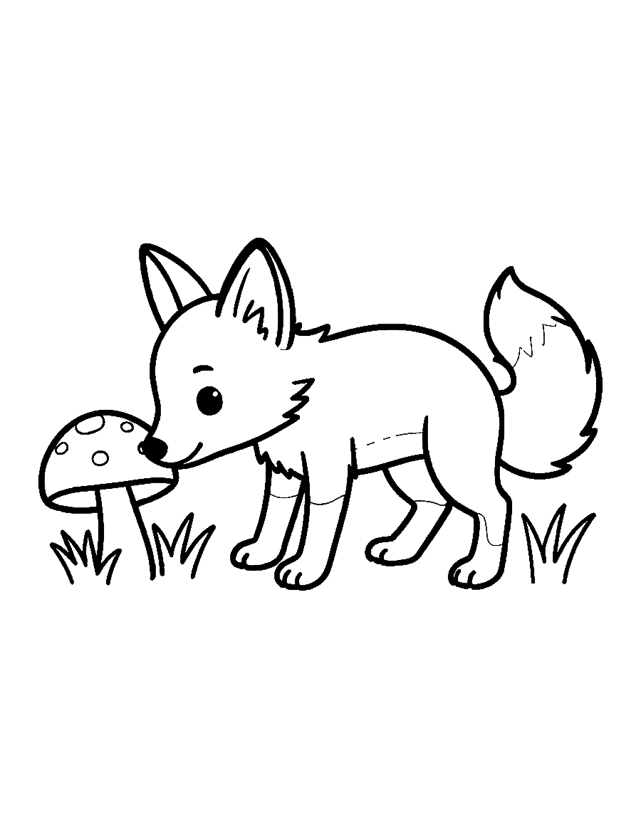 Line drawing of a small fox kit sniffing a round mushroom