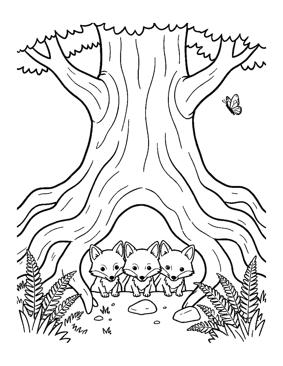 Line drawing of three fox kits peeking out of a den under tree roots beside ferns