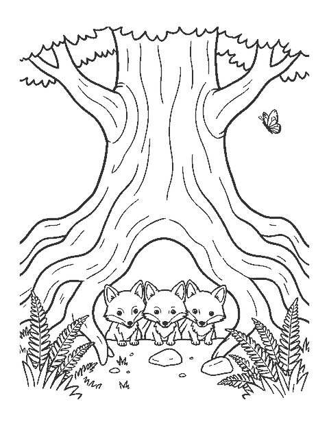 Line drawing of three fox kits peeking out of a den under tree roots beside ferns