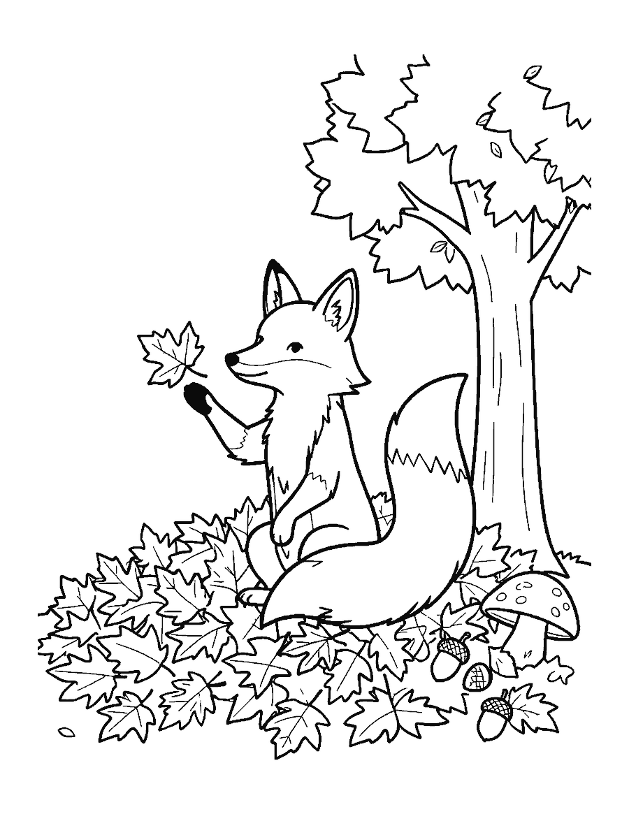 Line drawing of a red fox sitting in a leaf pile swatting at falling leaves under a maple tree