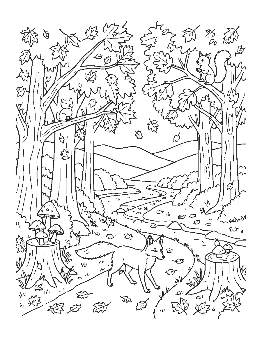Line drawing of a fox trotting along a forest path with falling leaves, a squirrel and mushrooms