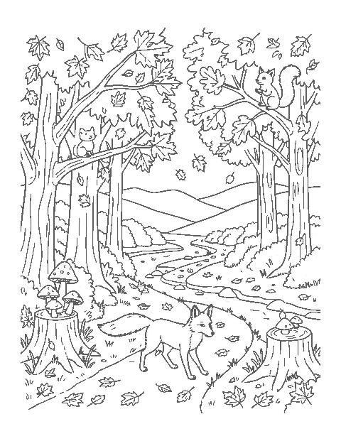 Line drawing of a fox trotting along a forest path with falling leaves, a squirrel and mushrooms
