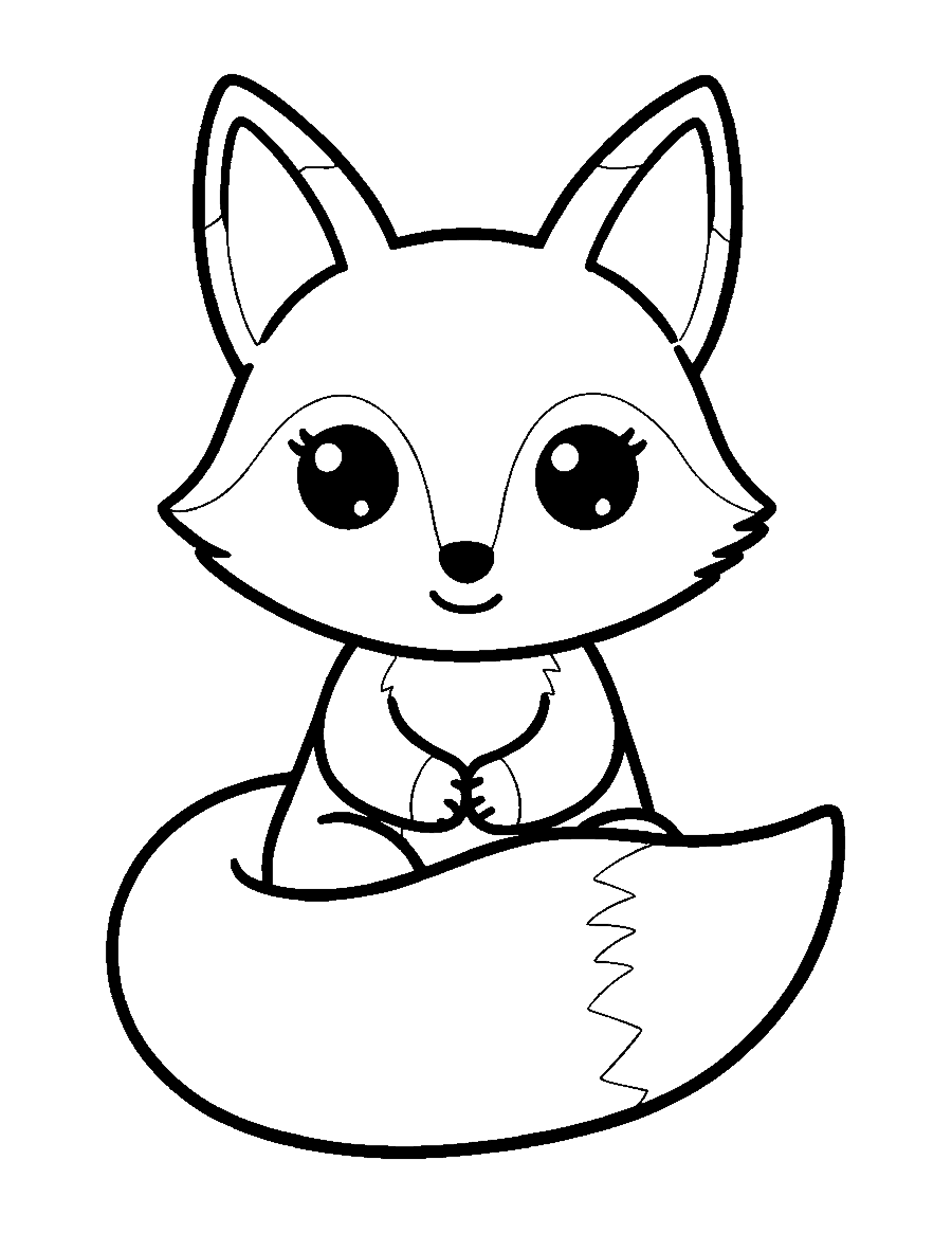 Line drawing of a cute chibi fox holding its big bushy tail